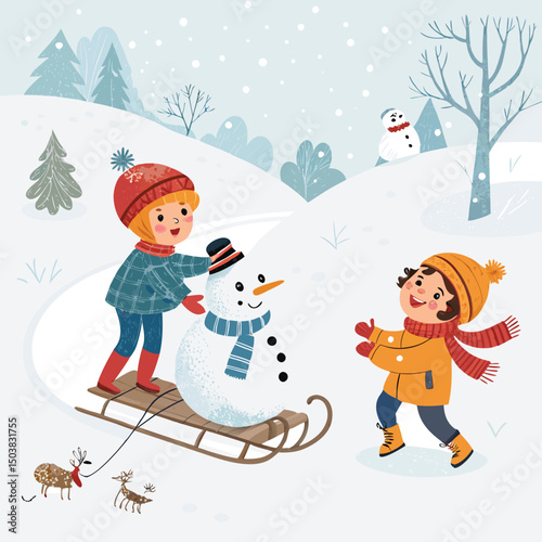 Create a bold, vector illustration of a whimsical 2D cartoon winter scene.  Focus on clean lines and striking colors.
