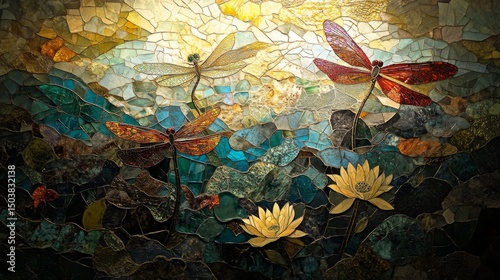 Stunning stained glass artwork depicting dragonflies and water lilies in vibrant colors during daylight