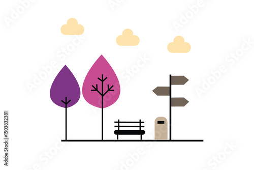 Flat design city park illustration. Minimalist flat design illustration of a city park during daytime, featuring geometric trees, street lamps, and a bench. Bright and clean atmosphere.