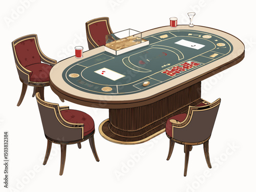 Design a bold, vector illustration of a baccarat table with elegant, thick strokes.  Include realistic details and a luxurious feel.
