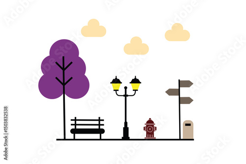 Flat design city park illustration. Minimalist flat design illustration of a city park during daytime, featuring geometric trees, street lamps, and a bench. Bright and clean atmosphere.