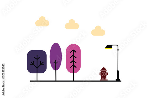 Flat design city park illustration. Minimalist flat design illustration of a city park during daytime, featuring geometric trees, street lamps, and a bench. Bright and clean atmosphere.