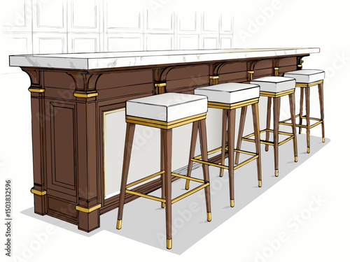 Create a vector illustration of several bold-stroke, minimalist bar stools lined up in a row, showcasing a clean, modern design.