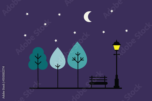 Minimalist flat design illustration of a city park at night, with glowing street lamps and a calm ambiance. Modern and elegant style, suitable for night-time urban themes.