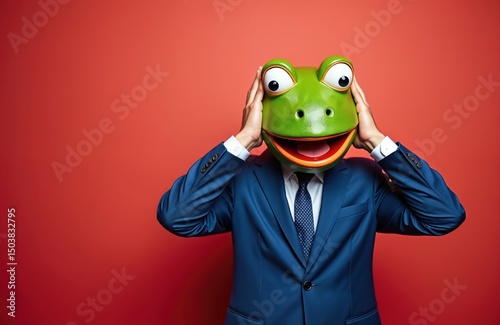 Businessman wearing googly-eyed frog mask with hands on head. Person in blue suit on red background, surprised expression. Funny comic concept. Creative office, business, finance, marketing, humor. photo