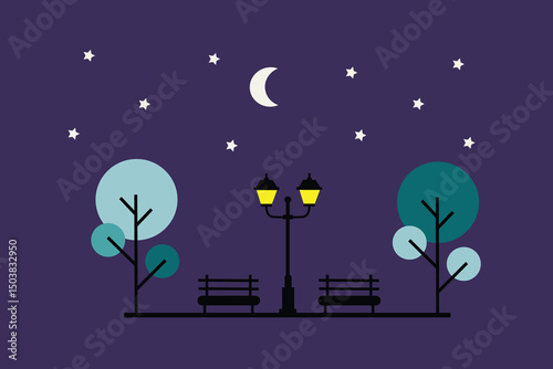 Minimalist flat design illustration of a city park at night, with glowing street lamps and a calm ambiance. Modern and elegant style, suitable for night-time urban themes.