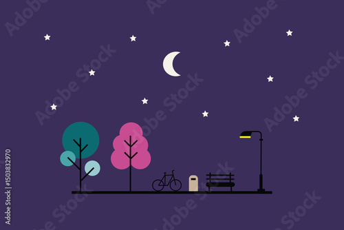 Minimalist flat design illustration of a city park at night, with glowing street lamps and a calm ambiance. Modern and elegant style, suitable for night-time urban themes.