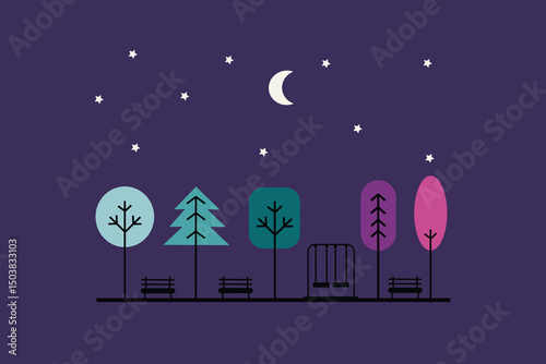 Minimalist flat design illustration of a city park at night, with glowing street lamps and a calm ambiance. Modern and elegant style, suitable for night-time urban themes.