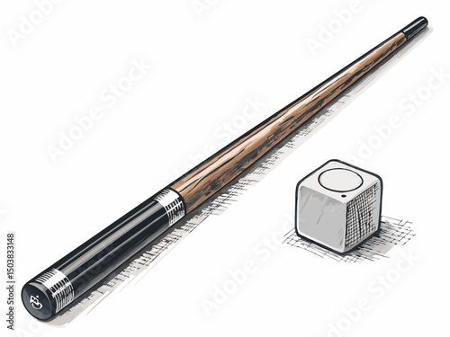 Create a vector illustration of a bold-stroke billiard cue stick, emphasizing its sleek design and strong lines.  Include realistic details.