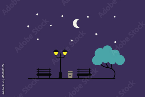 Minimalist flat design illustration of a city park at night, with glowing street lamps and a calm ambiance. Modern and elegant style, suitable for night-time urban themes.