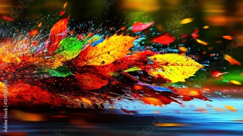 Dynamic Autumn Leaves with Motion Blur and Water Reflection
