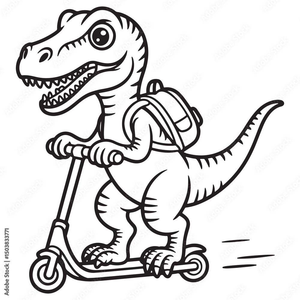 Obraz premium Cute Dinosaur Wearing a Backpack – Back-to-School Cartoon Line Art Coloring Page for Kids