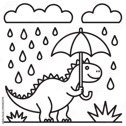 Dinosaur Walking with Umbrella in the Rain – Cute Weather-Themed Line Art Coloring Page for Children
