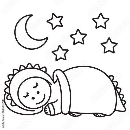 Sleeping Baby Dinosaur Under Moon and Stars – Peaceful Nighttime Line Art Coloring Page for Kids