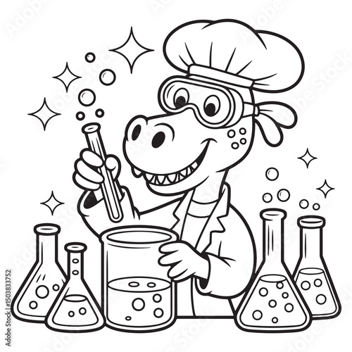 Cute Dinosaur Scientist Mixing Potions – STEM-Themed Cartoon Line Art Coloring Page for Kids