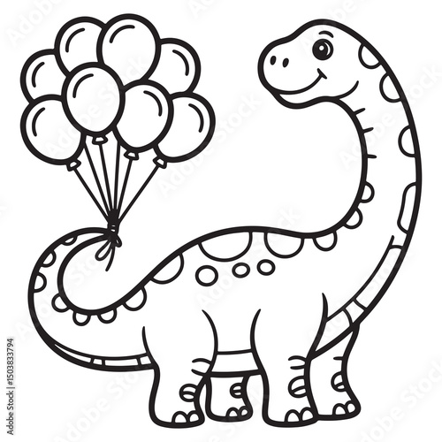 Long-Neck Dinosaur Holding Balloons – Whimsical Cartoon Line Art for Kids Coloring Fun
