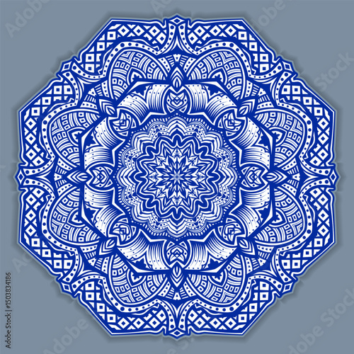 Vector abstract circular mandala design decorative element ethnic style. Blue line and white area for coloring. Shadow around of mandala. Arab, Islam, Indian, Chinese. Yoga illustration.