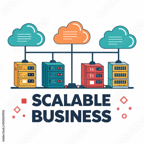 Design a bold, vector illustration of a cloud computing infrastructure; emphasize strong lines and impactful visuals.  Include servers, network connections, and data flow.