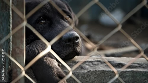 Close-up of a sad-looking black dog behind a wire fence with soft, brown eyes and visible emotion conveying feelings of longing and captivity.