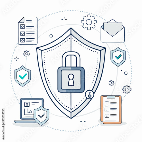 Design a bold, vector illustration of a cybersecurity shield.  Emphasize strong, protective lines and a professional aesthetic.