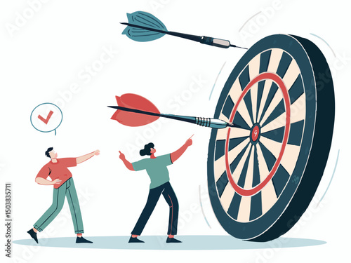 Design a bold, vector illustration of a dartboard with multiple darts embedded, emphasizing strong outlines and vibrant colors.