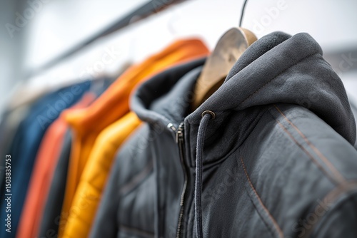 A close-up shot of the hooded down jackets on hangers in different colors, some orange and blue