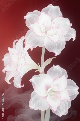 This image shows elegant white amaryllis flowers on a deep red background, with a misty touch for mystery and grace. It can be used as a wallpaper, for wedding invites/cards, website decoration