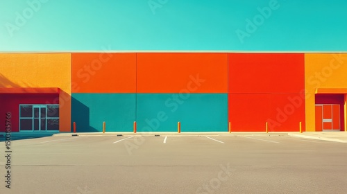 Vibrant colorful commercial building facade with empty parking lot