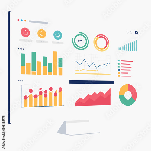 Design a bold, vector illustration of a data analytics dashboard, featuring striking lines and impactful visuals.  Include charts and graphs.