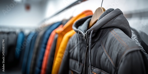 A close-up shot of the hooded down jackets on hangers in different colors