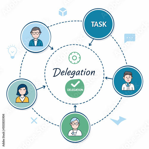 Create a bold vector illustration depicting the concept of delegation in business, using strong lines and impactful imagery.