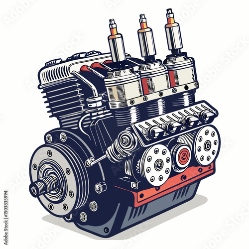Create a bold vector illustration of a powerful diesel engine, emphasizing its compression mechanism.  Include detailed internal components.