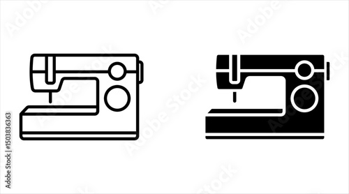 Silhouette sewing machine. Tailoring emblem. Outline industrial manufacture of clothing. Black simple illustration of electric device for fabric, cloth. Flat isolated vector icon on white background