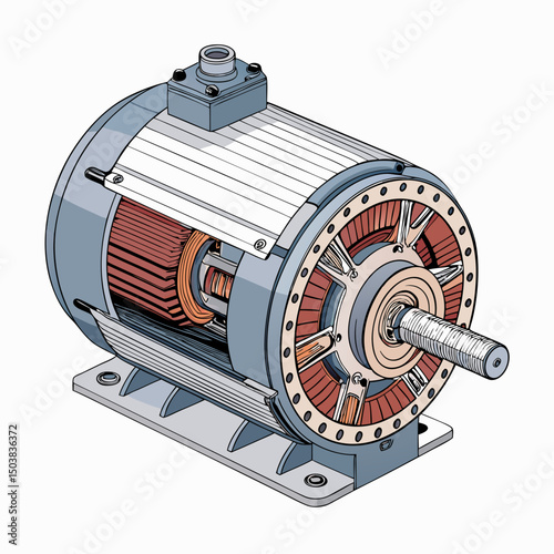 Create a bold vector illustration of an electric motor with clearly defined stator and rotor components, emphasizing powerful, thick strokes.