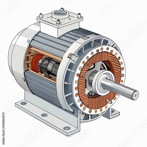Create a bold, vector illustration of an electric motor, showcasing its internal stator and rotor components with thick, defined strokes.  Highlight key mechanical features.