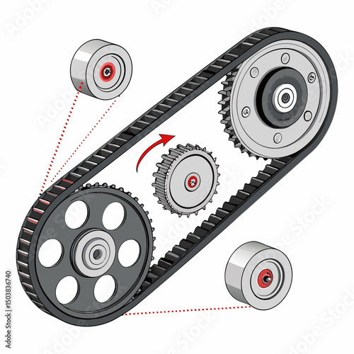 Create a bold, vector illustration of an engine timing belt, emphasizing its strong, thick strokes. Include detailed teeth and pulley grooves.