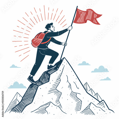 Design a bold vector illustration of a determined entrepreneur ascending a mountain, showcasing ambition and success.  Use thick outlines and vibrant colors.