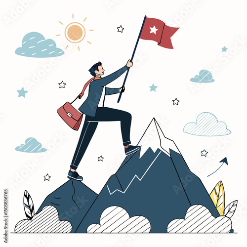 Create a bold vector illustration of an entrepreneur confidently climbing a mountain, symbolizing success.  Use strong lines and vibrant colors.