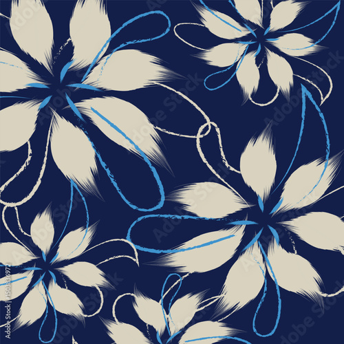 soft blue flowers geometric textile and background with floral flowers pattern, the tropical flowers and leaves stoked hand drawing art style, vector illustration
