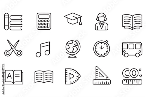 School-themed stroke icons: Representing education milestones, tools, and classroom life