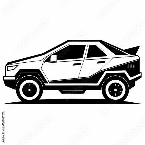 Black and white illustration of a futuristic suv