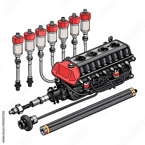 Create a bold vector illustration of a fuel injection system, showcasing its intricate components with thick, clearly defined lines.  High detail is crucial.
