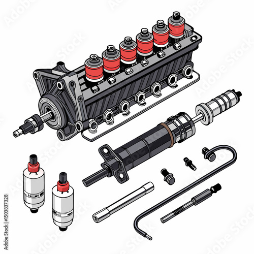 Create a bold, vector illustration of a fuel injection system, emphasizing its mechanical components with thick, impactful lines.
