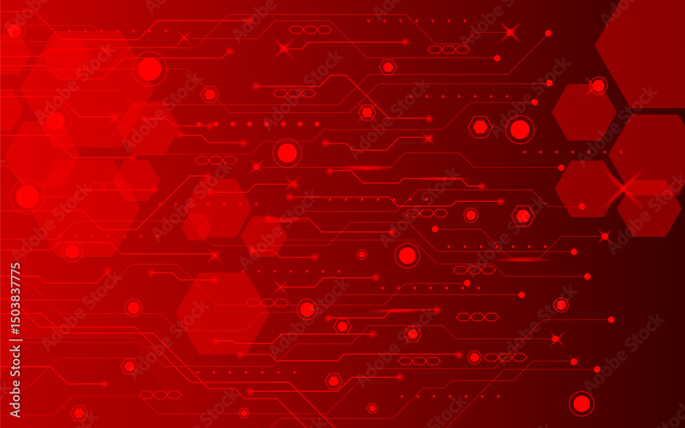 bold red tech background with glowing circuit patterns.