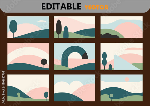 Nine abstract landscape illustrations pastel colors minimalist style