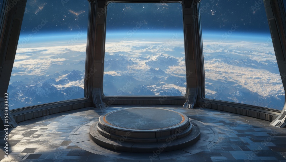 Fototapeta premium Futuristic room with large windows overlooking Earth from space 