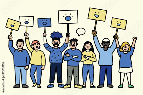 Cheerful diverse group of people holding up signs with simple smiley faces in a demonstration celebrating togetherness and positivity.