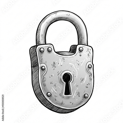 Detailed illustration of a metal padlock with intricate designs on a white background in a sketch style