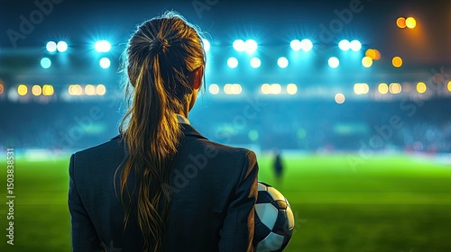 Woman in suit watches soccer game at night