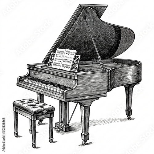 Detailed illustration of a grand piano with sheet music and a bench on a white background in a vintage style
